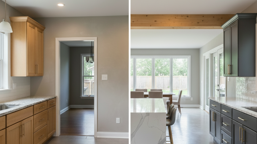 Closed kitchen wall vs. open concept beam install.